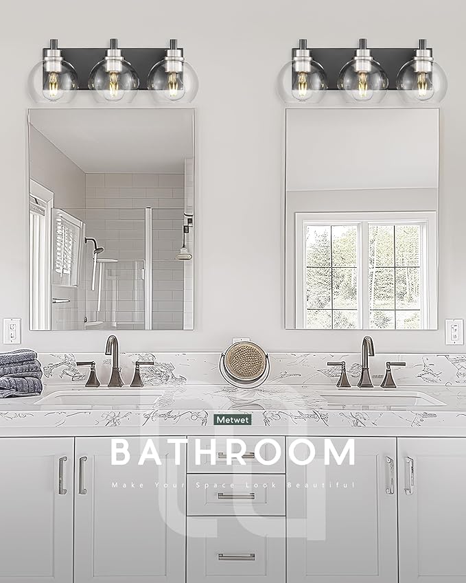 Bathroom Light Fixtures, 3-Light Black and Brushed Nickel Bathroom Vanity Light, Modern Wall Sconces with Globe Clear Glass Shade, Vanity Lighting Fixtures Over Mirror, VL195-KN-3