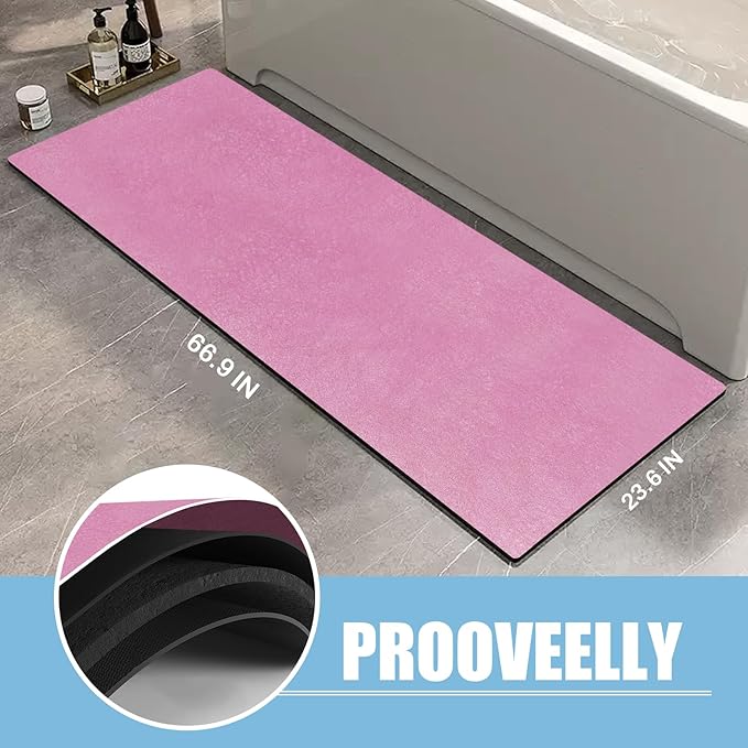 Extra Long Bathroom Rugs Diatomaceous Earth Bath mat Super Absorbent Quick Dry Non Slip Bath Mat Thin Runner Rug Fit Under Door-Shower Rug for in Front of Bathtub Shower, Pink, 23.6"x47.2"