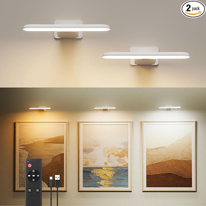 FULEN Picture Lights Battery Operated, Rechargeable Picture Frame Lights for Wall, LED Cordless Wall Lights for Arts,Paintings,Gallery&Dartboard,3 Color Temperatures, Remote Control,White,2 Pack