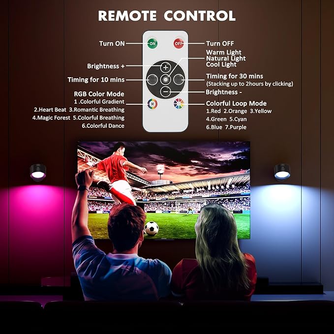RGB Ambience Wall Sconces Lamp, 2Pcs LED Wall Mounted Lights with 3000mAh Rechargeable Battery, 3 Color Temperatures & Dimmable Magnetic 360° Rotation with Remote, Wall Light for Reading Bedside