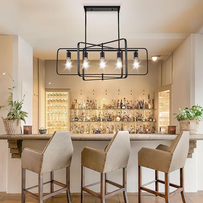 Dining Room Light Fixture/Chandelier Over Table,5-Light Kitchen Island Lighting Hanging for Farmhouse Linear Chandeliers Matte Black Rectangle Rustic Ceiling Pendant Light Fixtures, Height Adjustable