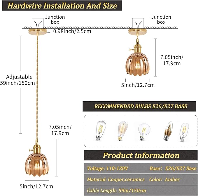 Mini Pendant Light 2 Pack with Amber Tulip Glass Lmapshade, Brass Vintage Pendant Light Adjustable Hanging Light for Kitchen Island Dining Room Hallway