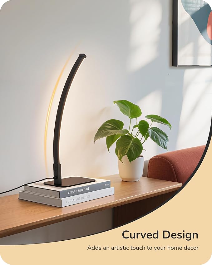 EDISHINE Curved LED Table Lamp, Modern Bedside Lamp with 3 Color Temperature & Stepless Dimming, Aluminum & Iron, Nightstand Lamp for Bedroom, Living Room, Black