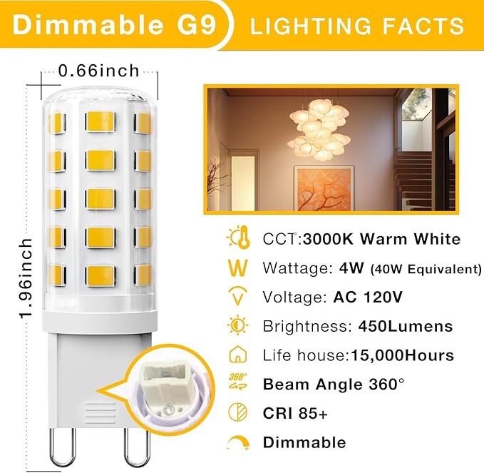 DAYBEETER 24 Pack Dimmable G9 LED Bulb 4W (40 Watt Equivalent), 3000K Soft Warm White, G9 Halogen Bulb,T4 G9 Bi-pin Base Light Bulbs for Chandelier,120V 450LM 360 Beam Angle No-Flicker G9 Bulb