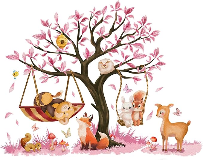 Cute Jungle Theme Wall Stickers Removable Animal Forest Wall Decals Elephant Monkey Lion Giraffe Zebra Peel and Stick Tropical Wall Art Decor for Nursery Bedroom Classroom (Pink)