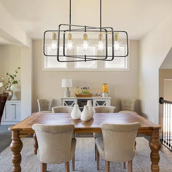 Black and Gold Farmhouse Chandeliers for Dining Room, 5-Light Kitchen Island Lighting, Rustic Rectangle Linear Pendant Lights, Large Dining Room Light Fixture/High Ceiling Chandelier Over Table