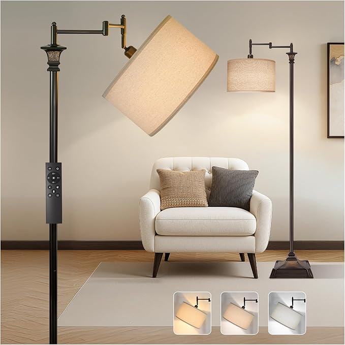 Scenekoy Vintage 68″ Tall Smart LED Floor Lamp for Living Room Bedroom, Remote Control Traditional 350º Adjustable Swing Arm Standing Lamp with Linen Shade, Decor for Reading House Home Office