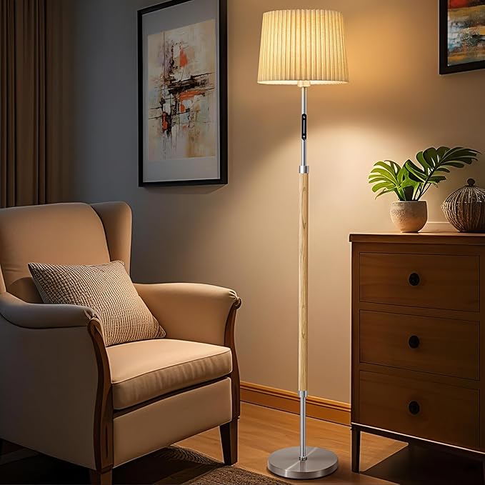 Floor Lamps for Living Room, 61" Natural Wood Floor Lamp with Remote & Touch Control, Stepless Dimmable, Modern Farmhouse Standing Lamp with Double-Layer Pleated Lampshade for Bedroom Office
