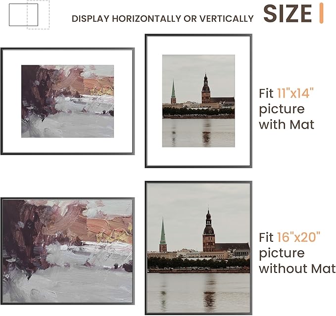 16x20 Metal Picture Frame Black, Aluminum Poster Frame with Removable Mat for 11x14 Photo, 16 x 20 Thin Hanging Frames, Simple and Elegant Decor for Wall Mounting, set of 3