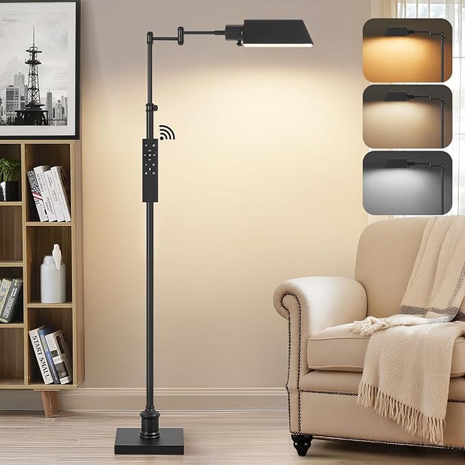 GyroVu Traditional Height Adjustable Pharmacy Floor Lamp with 350° Swing Arm, 3 Color Temperature Adjustable Standing Lamp Metal Shade for Living Room Reading House Bedroom Home Office(Black)