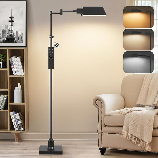 GyroVu Traditional Height Adjustable Pharmacy Floor Lamp with 350° Swing Arm, 3 Color Temperature Adjustable Standing Lamp Metal Shade for Living Room Reading House Bedroom Home Office(Black)