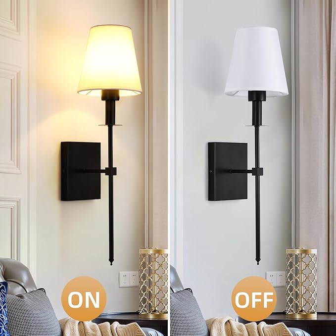 Wall Lamps for Bedrooms Set of 2, Black Retro Wall Mounted Bedside Lamps Sconces Lighting with Fabric Shade for Bedroom Living Room Corridor Kitchen