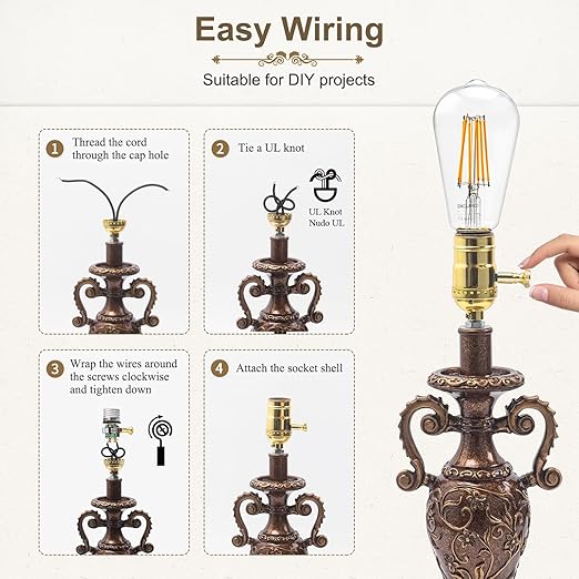 DiCUNO UL Listed Full Range Dimmer Lamp Socket Replacement, Vintage E26 Light Bulb Socket, Rotating Dimmer Switch Knob for Table, Floor Lamp, DIY Project, Gold, 150 Watt, 1-Pack