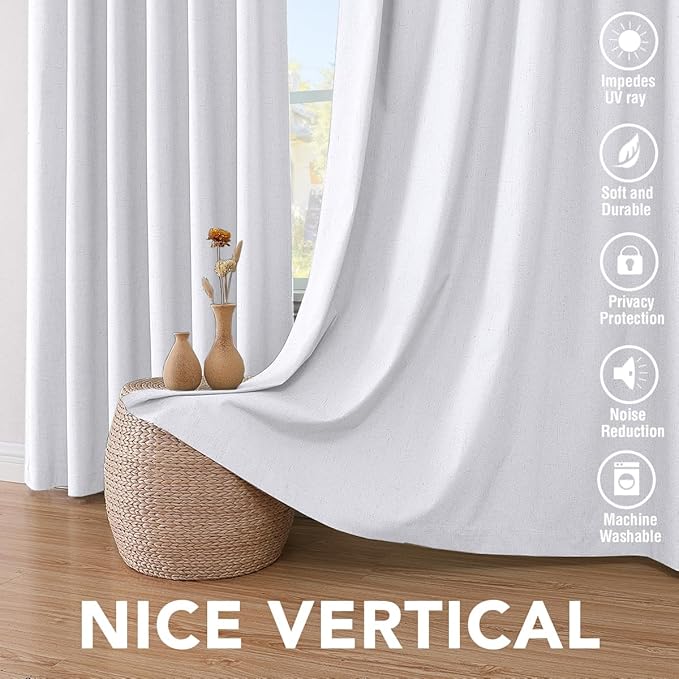 H.VERSAILTEX Linen Blackout Curtains 84 Inches Long 100% Blackout Thermal Insulated Textured Linen Look Curtain Draperies Anti-Rust Grommet, Energy Saving with White Liner, 2 Panels, Bright White