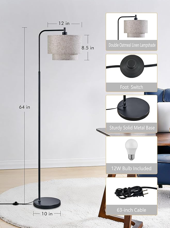 Modern Floor Lamp for Living Room Bedroom, Arc Floor Lamp with 3 Color Temperatures, Standing Lamp with Double Oatmeal Linen Lampshade, Tall Lamp with A19 12W LED Bulb, Foot Switch Control, Black