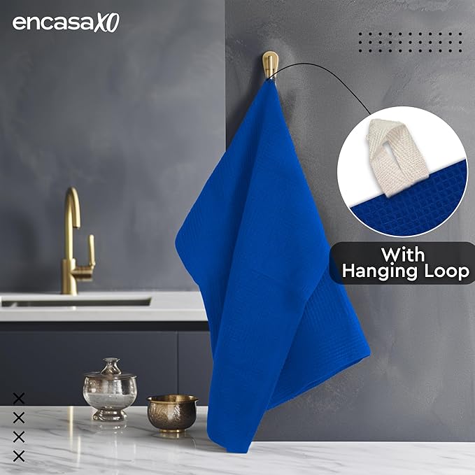 Encasa XO Kitchen Dish Towels Set | Blue | Waffle Weave and Flat Hand Tea Towel | 28"x18" | Quick Drying Reusable Cotton Washcloths | Multipurpose Lightweight Dishcloths Set of 4