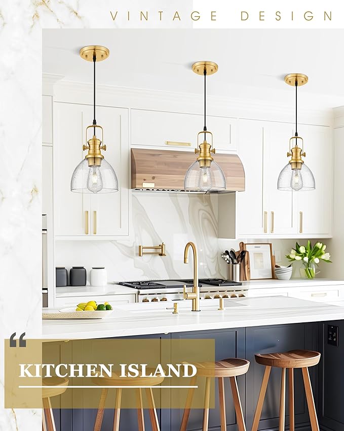 Pendant Lights Kitchen Island, 7.5" Farmhouse Pendant Lighting with Clear Seeded Glass Shade, Vintage Hanging Light Fixtures for Dining Room, Brushed Gold, AD-22151-1P-GD