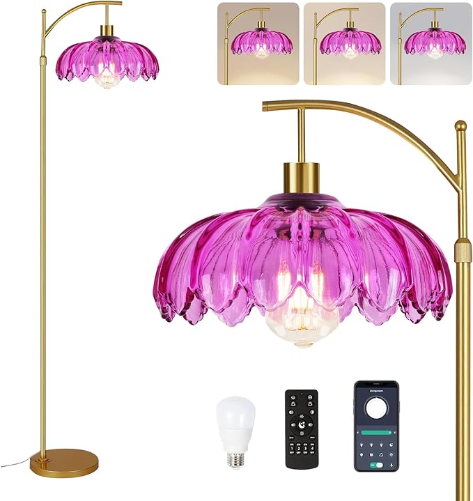 Vintage Floor Lamps for Living Room Arc Floor Lamp with Remote Control & Glass Lampshade,Mid Century Modern Standing Lamp Gold Tall Flower Lamp for Bedroom Living Room Corner
