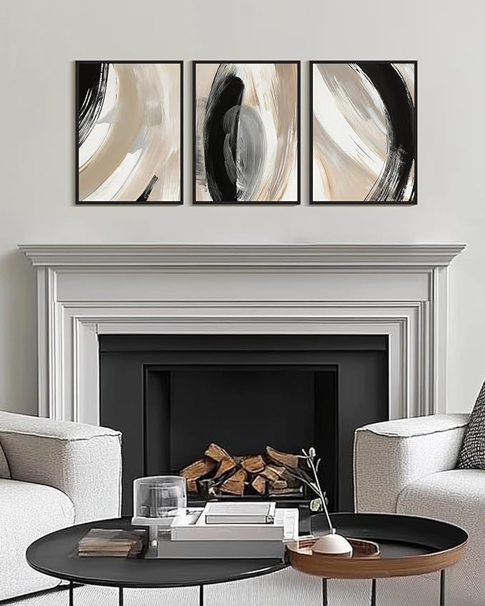 KUVIOKE Modern Abstract Framed Wall Art Black Neutral Minimalist Ink and Wash Graffiti Pastel Wall Decor for Bedroom Living Room 12x16in (Black Framed)