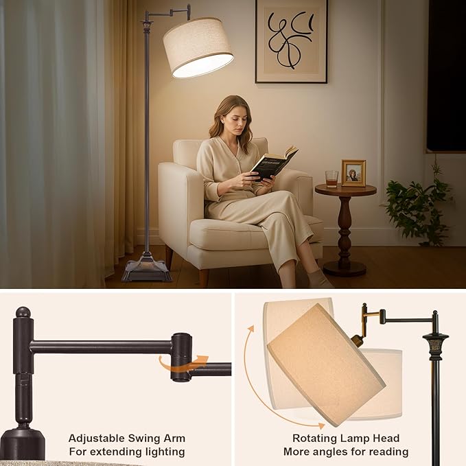 Scenekoy Vintage 68″ Tall Smart LED Floor Lamp for Living Room Bedroom, Remote Control Traditional 350º Adjustable Swing Arm Standing Lamp with Linen Shade, Decor for Reading House Home Office