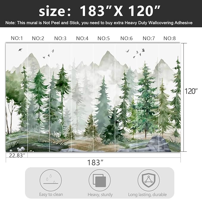 -Green Cartoon Pine Forest Nursery Fabric Wallpaper for Boys and Girls Children's Bedroom Living Room Woodland Plants Large Wall Mural- 183"x120"（ not Peel and Stick）