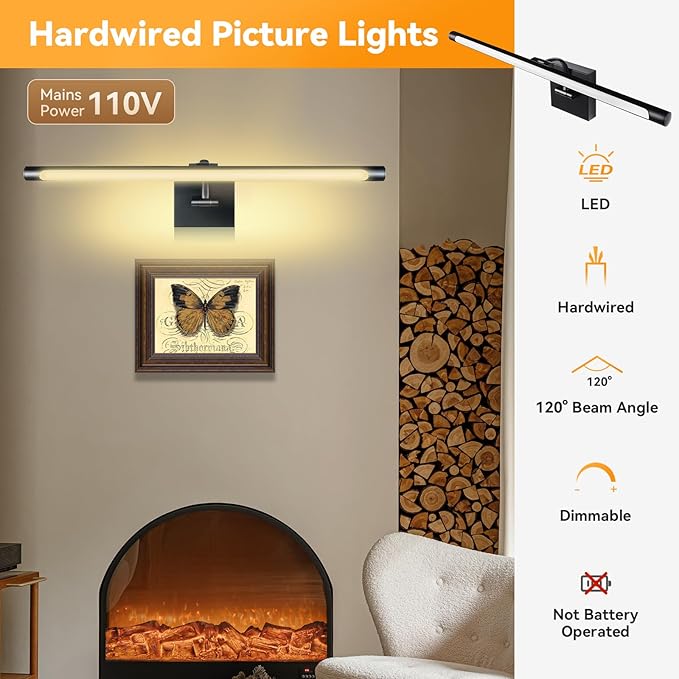 JO.KO 23.6 Inch LED Picture Lights for Wall Hardwired, Poster Art Gallery Light 10-100% Dimmable, 3000k Warm White Black Wall Sconces 14W CRI90 for Gallery Artwork, Paintings and Bathroom