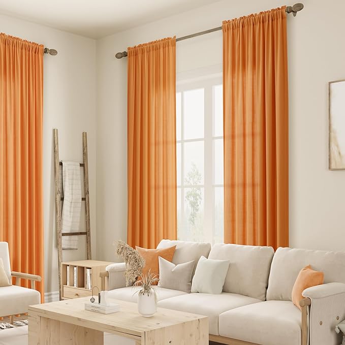 Guken Orange Linen Curtains 96 Inch Length for Living Room Bedroom 2 Panels Set Rod Pocket Light Filtering Semi Sheer Window Curtains 52 Inch Width Boho Farmhouse Linen Drapes, W52xL96