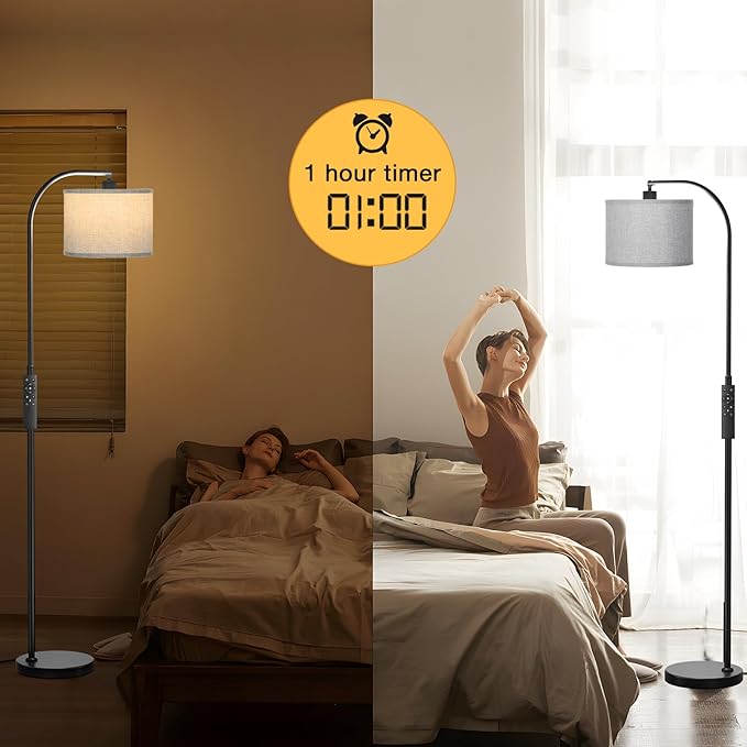 Arc Floor Lamp with Remote and Stepless Dimmable Bulb, Colors Temperature & Brightness Adjustable, Floor Lamps for Living Room（Grey Shade & Black Pole）