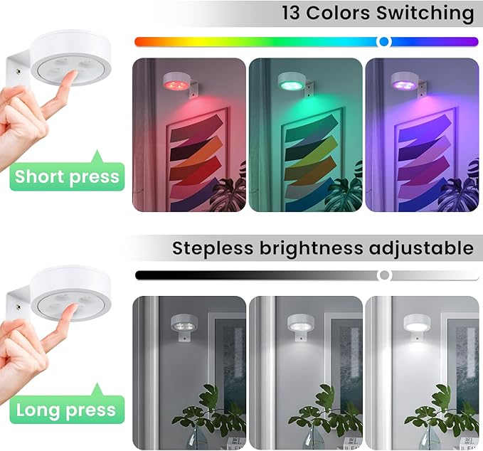 2Pcs Picture Lights for Wall, 13 Color RGB Magnetic Led Art Display Light for Picture Frame, Wireless Battery Operated Painting Light with Remote Control, Party Home Wall Decor Puck Lights, White
