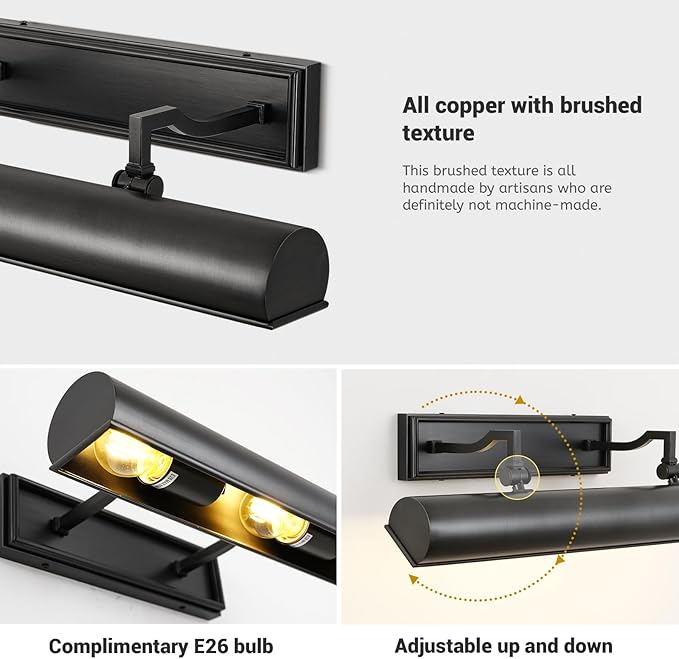 18in Black Picture Lights Hardwired, 3 Light Modern Bronze Picture Light for Wall, Rotatable Art Light Over Picture Frame for Living Room, Bookcase, Artwork, Poster (Includes Bulbs)