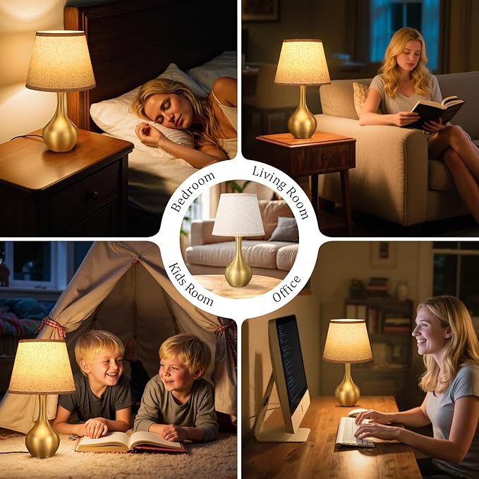 Seealle Touch Table Lamp for Bedroom, 3-Way Dimmable Small Bedside Lamps for Night Stands with Wires, Gold Desk Lamp for Kids Room, Office, Living Room, End Table(LED Bulb Included)