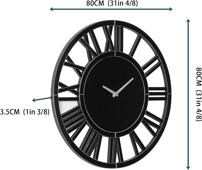 SHYFOY 32" Modern Black Mirror Finish Wall Clock with Roman Numerals – Silent, Non-Ticking – Decorative Wall Clock for Living Room, Bedroom, Office