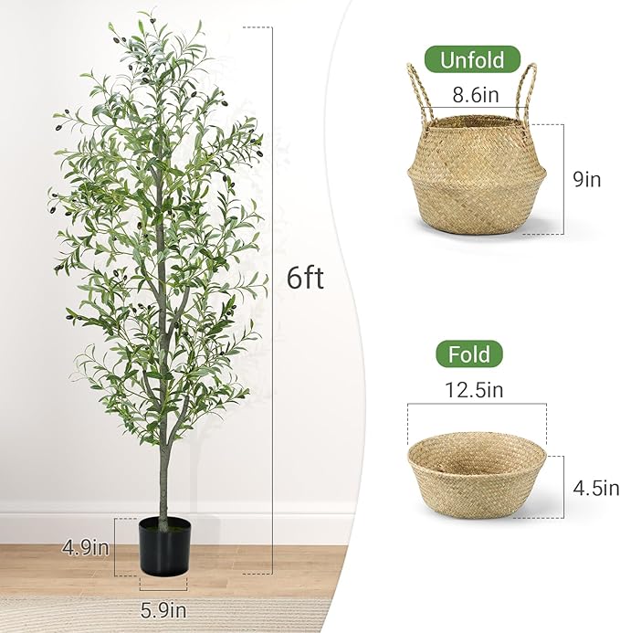 Faux Olive Tree 6FT Silk Plant Artificial Indoor, 6 FT Fake Potted Olive with Wicker Basket Planter, Tall Artificial Olive Trees with Natural Wood Trunk & Fruits for Home Office, 6 Feet (72")