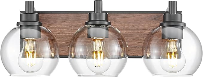 Bathroom Light Fixtures, 3-Light Black and Faux-Wood Finish Bathroom Vanity Light, Farmhouse Wall Sconces with Globe Clear Glass Shade, Vanity Lighting Fixtures Over Mirror, VL195-WB-3