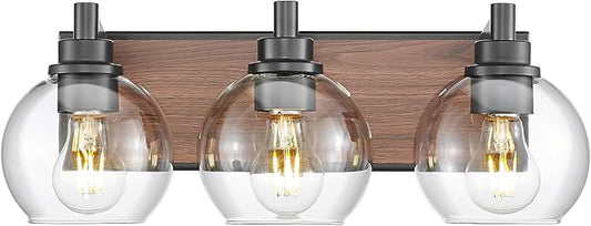 Bathroom Light Fixtures, 3-Light Black and Faux-Wood Finish Bathroom Vanity Light, Farmhouse Wall Sconces with Globe Clear Glass Shade, Vanity Lighting Fixtures Over Mirror, VL195-WB-3
