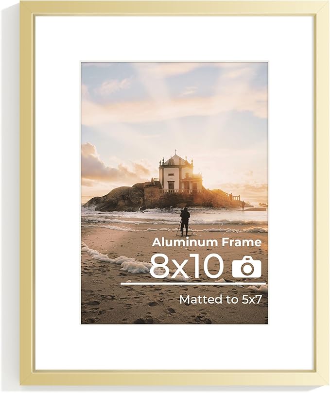 8x10 Picture Frame, High End Metal 8x10 Poster Frames with Mat 5x7 Photo, High Definition Plexiglass, 8 by 10 Durable Metal Frame for Wall or Tabletop Display, Set of 1,Golden