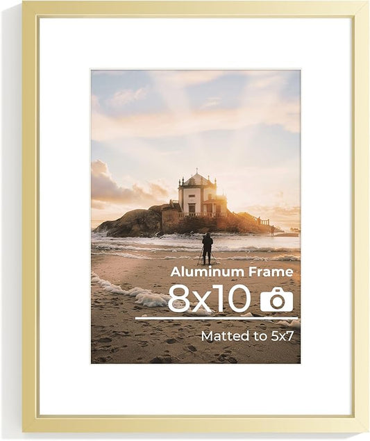 8x10 Picture Frame, High End Metal 8x10 Poster Frames with Mat 5x7 Photo, High Definition Plexiglass, 8 by 10 Durable Metal Frame for Wall or Tabletop Display, Set of 1,Golden