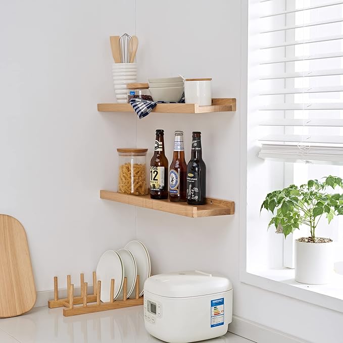 Floating Shelves Wall Mounted, 16 Inch Wall Shelves for Decor and Storage, Natural Solid Oak Wood Shelf, Picture Ledge for Bedroom/Bathroom/Living Room/Kitchen/Laundry Room, Natural Color