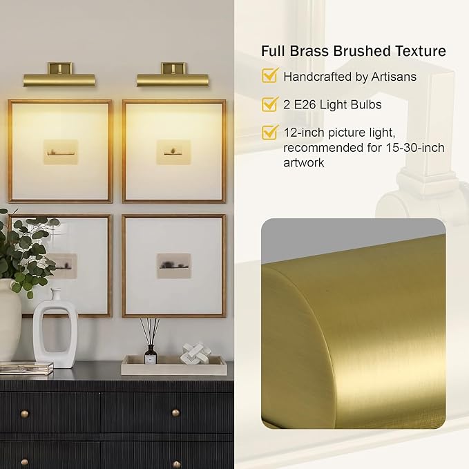 Picture Light 12" Brass Picture Lights for Wall 2-Light Gold Picture Frame Light Dimmable Art Gallery Light Accent Lighting Bathroom Wall Sconce for Artwork Poster Portrait Library Display