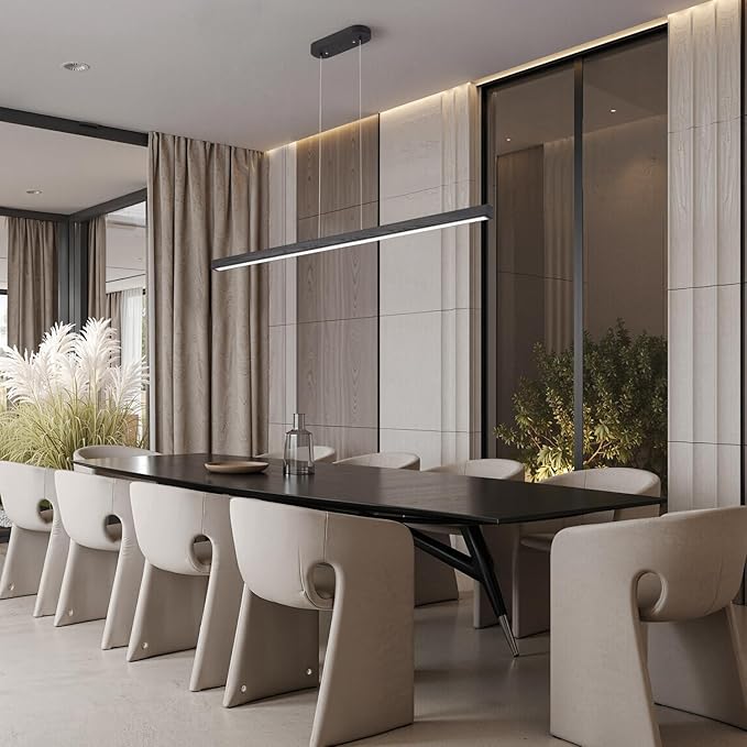 55 Inch LED Linear Pendant Light Black Wood LED Kitchen Island Lighting Dimmable Ceiling Hanging Chandeliers for Dining Room Living Room Bar Pool Table 36W Modern Farmhouse Fixture Black Wood Finish