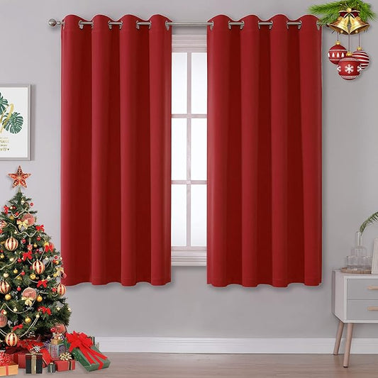 DUALIFE Red Curtains 54 Inches Long Blackout Kitchen Curtains Room Darkening Thermal Insulated Grommet Window Drapes Curtain Panels for Living Room 52x54 Inch Length 2 Panels