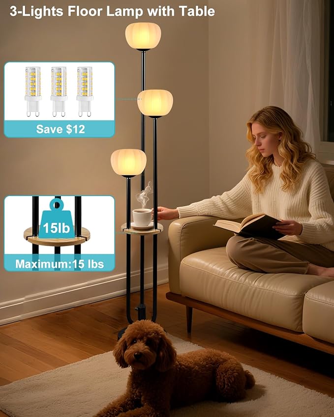 Lightdot Black Floor Lamp with Table, Modern Dimmable Floor Lamps with Pumpkin Lampshade, 3000K Soft Warm White Bulbs Included, 3-Light Tall Standing Lamp for Living Room/Bedroom