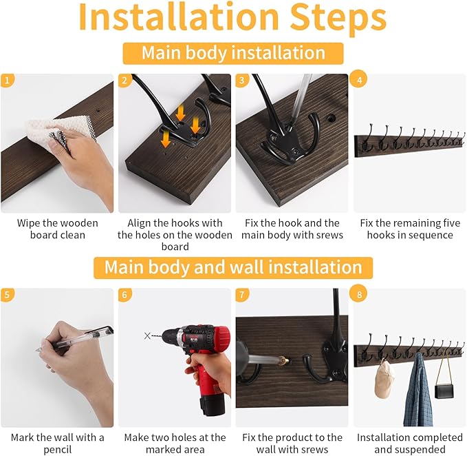 IBosins Wall Mounted Coat Rack with 10 Decorative Hooks, 34'' Long, Old Wood Color Coat Hanger, Rustic Coat Hooks Rail for Entryway Living Room Coat Scarf Bag Towel Hat