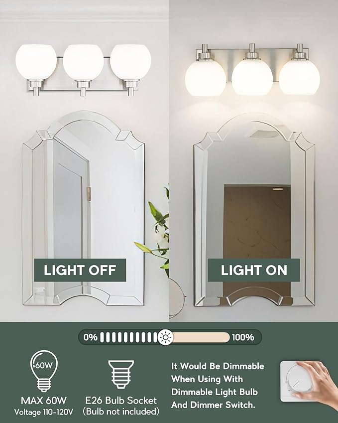 Bathroom Light Fixtures, 3-Light Brushed Nickel Vanity Light, Modern Wall Sconces with Milk White Globe Glass Shade, Vanity Lighting Fixtures Over Mirror, VL195-BN-ML-3