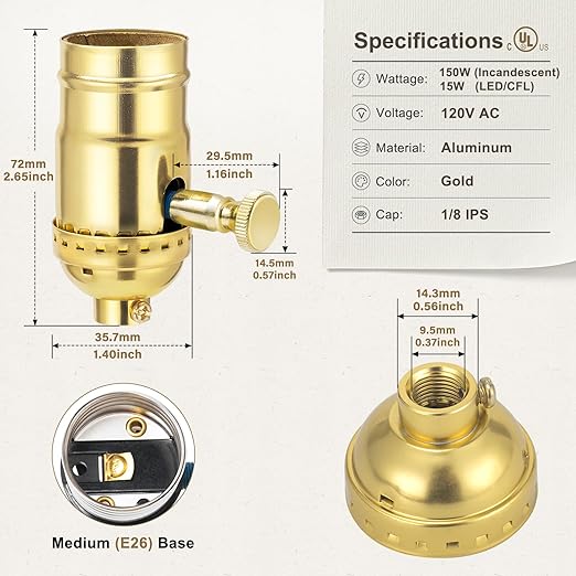 DiCUNO UL Listed Full Range Dimmer Lamp Socket Replacement, Vintage E26 Light Bulb Socket, Rotating Dimmer Switch Knob for Table, Floor Lamp, DIY Project, Gold, 150 Watt, 1-Pack
