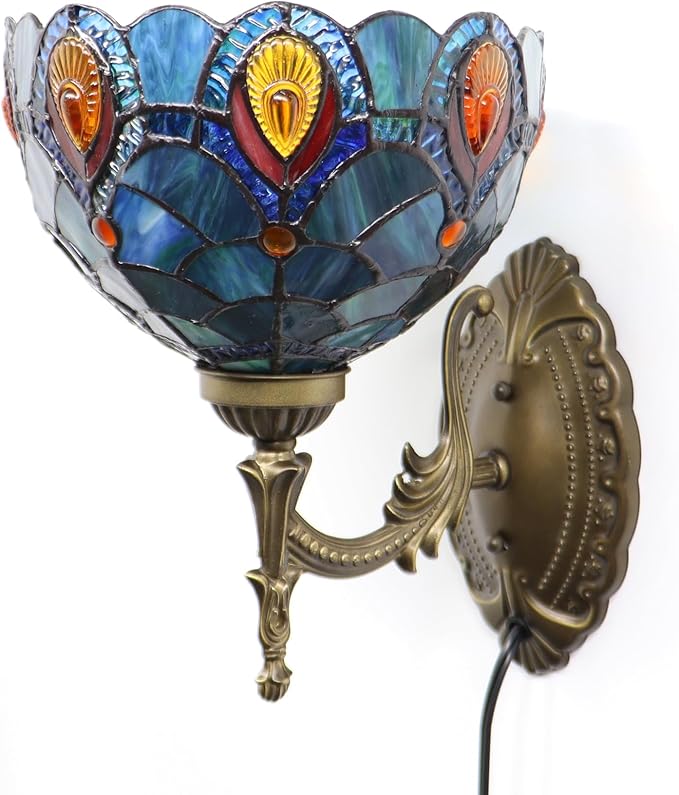 Tiffany Sconce Lamp Stained Glass Wall Lamp,8X10.5X11 Inch Plug in Wall Bedside Light for Hallway Bedroom (Brown Crystal)