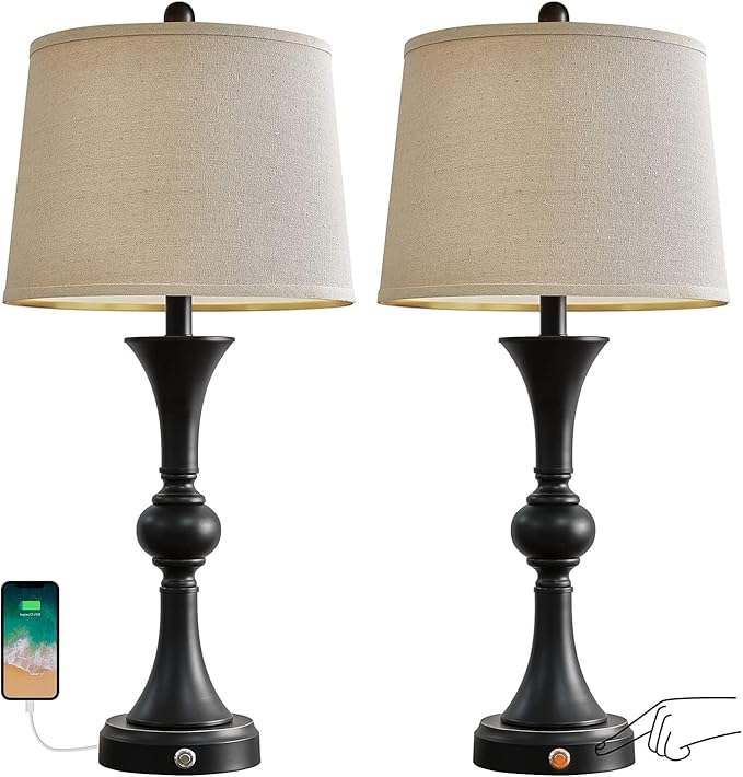 Oneach 28" Table Lamps for Living Room Set of 2, Bedside Lamps with 3 Way Dimmable Touch Lamps for Nightstand Bedroom Farmhouse Lamp End Table Lamp with USB Charging Port