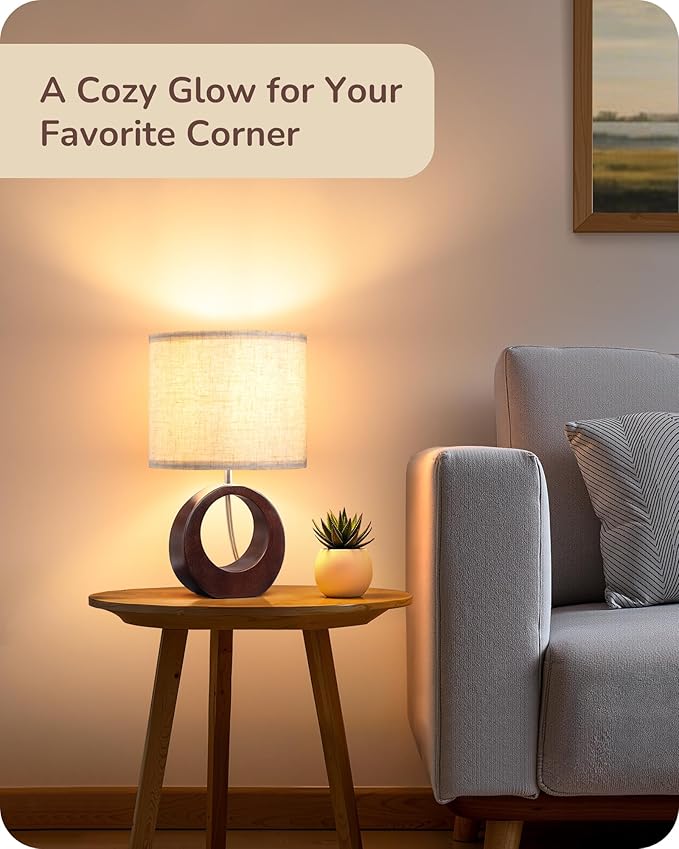 EDISHINE 13.4" Wood Table Lamp, Small Bedside Lamp with Beige Linen Lampshade & ON-Off Switch, E26 Base, Modern Nightstand Lamp for Living Room, Bedroom, Dark Walnut