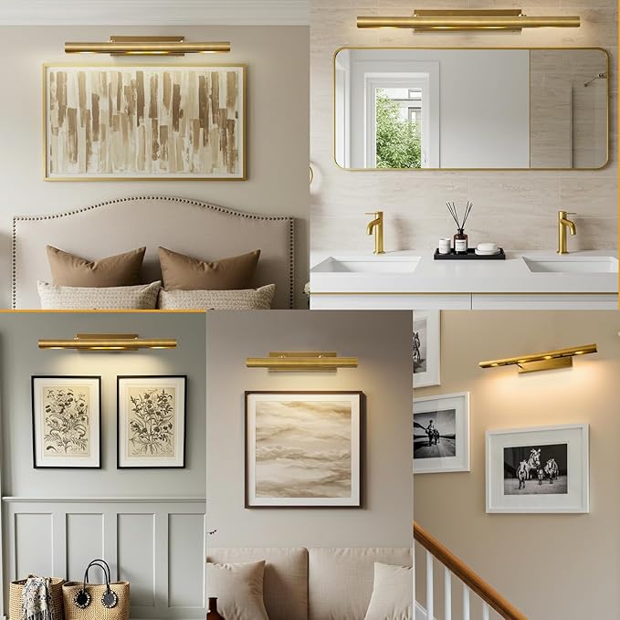 Brass Picture Light for Wall Gold Wall Sconces for Gallery 24" Linear Picture Light Hardwired, 3-Light Gold Art Light, Dimmable Lamp, 270° Picture Frame Light for Bedroom, Living Room, Hallway