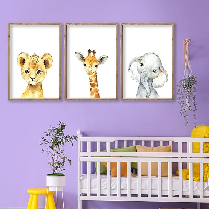 Baby Safari Nursery Wall Art Decor 11x16 Inch Set of 3 Wood Framed Cute Animal Giraffe Elephant Lion Prints Sign Kids Boys Girls Room Bedroom Jungle Animal Pictures Wall Hanging (Wood)
